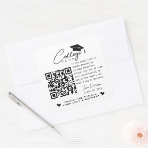 College Fund QR Code Zwart Wit Afstuderen Modern Vierkante Sticker