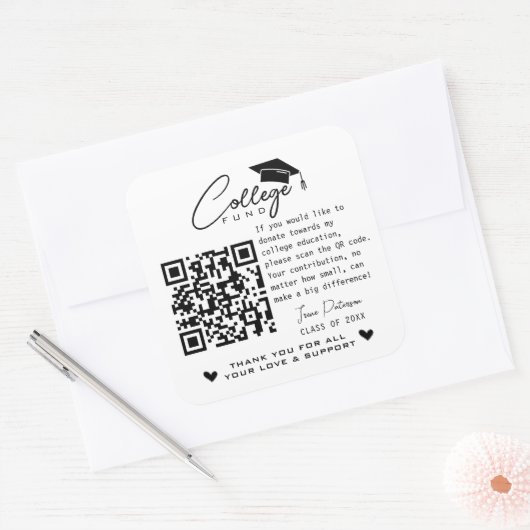 College Fund QR Code Zwart Wit Afstuderen Modern Vierkante Sticker (Envelop)