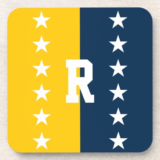 College Kleuren Blauw & Maïs Geel Monogram Bier Onderzetter (Voorkant)