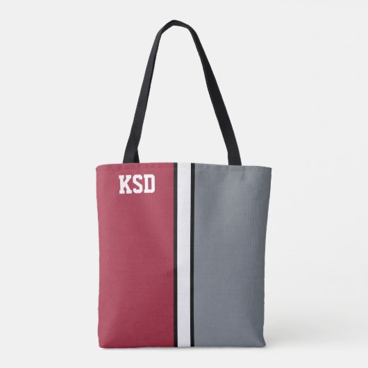 College Kleuren Crimson rood, grijs & wit monogram Tote Bag (Achterkant)