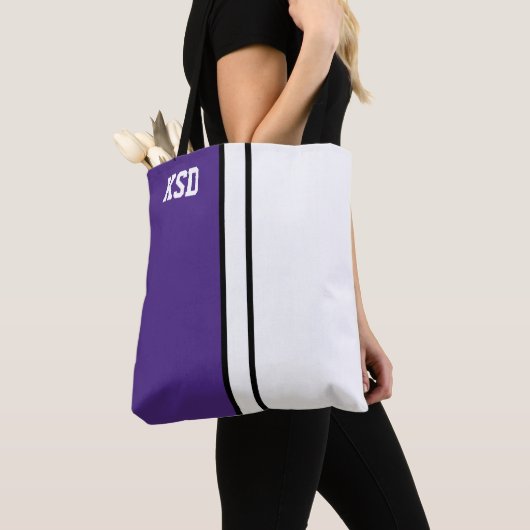 College Kleuren Paarse & Witte Monogram Tote Bag (Dichtbij)