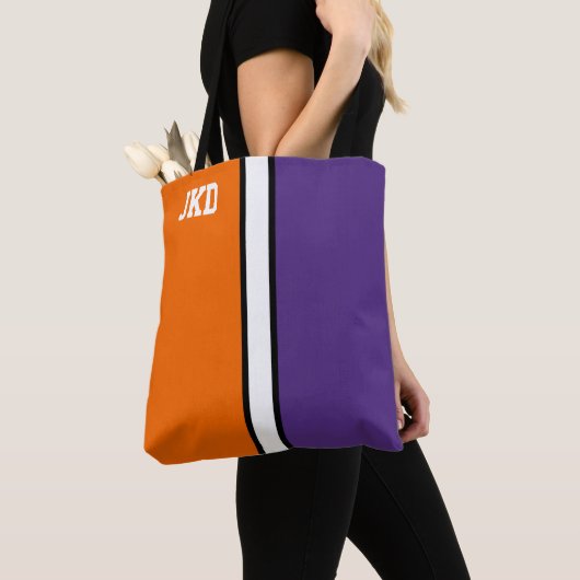 College Kleuren Sinaasappel & Paarse Monogram Tote Bag (Dichtbij)
