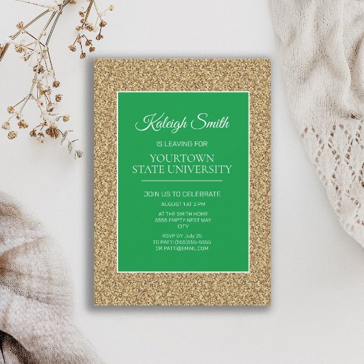 College Trunk Party Elegant Gold Glitter Green Kaart
