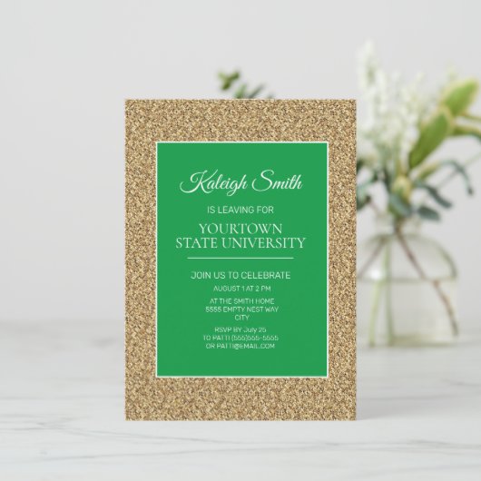 College Trunk Party Elegant Gold Glitter Green Kaart (Staand voorkant)