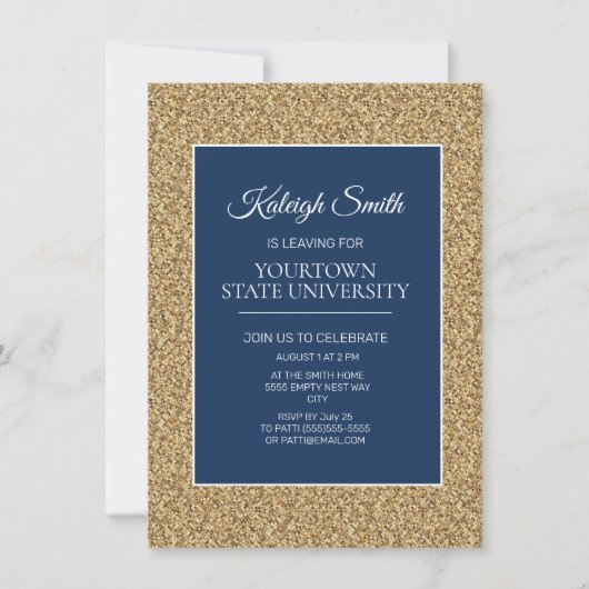 College Trunk Party Elegant Gold Glitter Navy Blue Kaart (Voorkant)