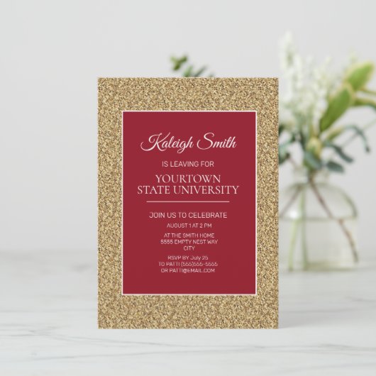 College Trunk Party Elegant Gold Glitter Red Kaart (Staand voorkant)