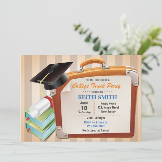 College Trunk Party Uitnodiging. afstudeerfeest Kaart (Staand voorkant)