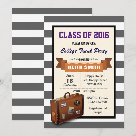 College Trunk Party Uitnodiging. afstudeerfeest Kaart (Voorkant / Achterkant)