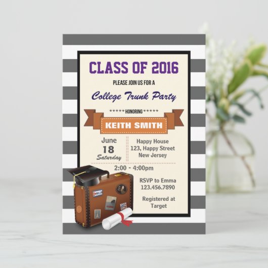 College Trunk Party Uitnodiging. afstudeerfeest Kaart (Staand voorkant)