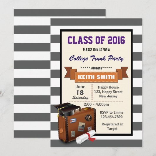 College Trunk Party Uitnodiging. afstudeerfeest Kaart (Voorkant / Achterkant)