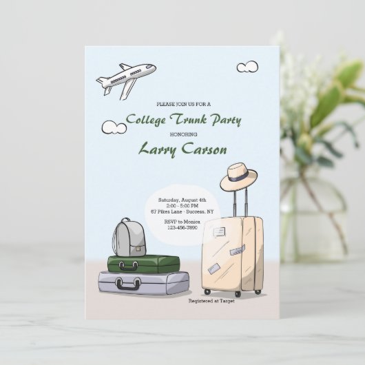 College Trunk Party uitnodiging (mannelijk) (Staand voorkant)