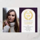 College | Universitaire foto Paars Gold Afstuderen Folie Uitnodiging (Voorkant)