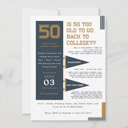 college wimpels | Blauw & Goud 50ste verjaardag Kaart (Voorkant)