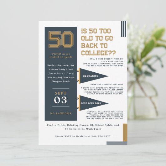 college wimpels | Blauw & Goud 50ste verjaardag Kaart (Staand voorkant)