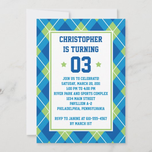 Collegiate Style Blue en Green Argyle 5X7 Birthday Kaart (Voorkant)