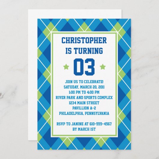 Collegiate Style Blue en Green Argyle 5X7 Birthday Kaart (Voorkant / Achterkant)