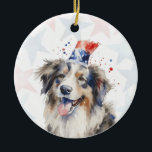 Collie Dog, 4th of july Personalized Keramisch Ornament<br><div class="desc">Celebrate your love for your furry friend and American pride with this personalized 4th of July dog ornament 🇺🇸🐾 The design features a watercolor dog wearing a stars-and-stripes hat on a soft red and blue stars background. Personalize the back with your dog’s name, a custom 4th of July greeting, and...</div>