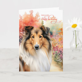 Collie Dog Birthday Wishes Flower Garden Kaart