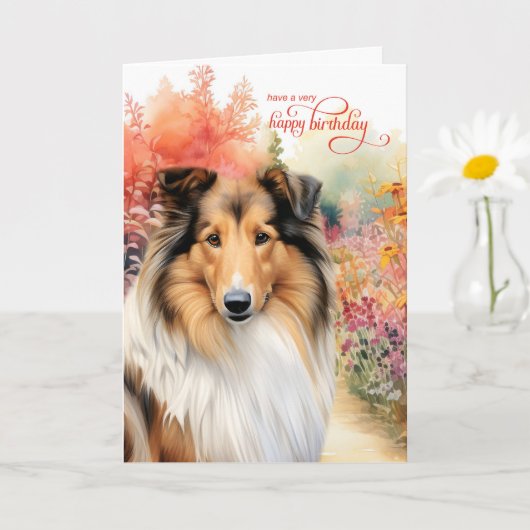Collie Dog Birthday Wishes Flower Garden Kaart (Kleine Plant)