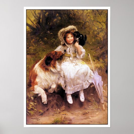 Collie Dog, Girl en Cat Poster Print (Voorkant)
