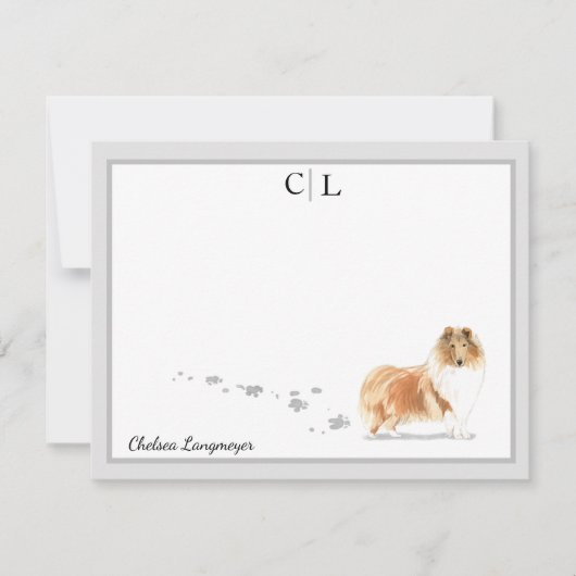 Collie Dog Gray Border Monogram & Jouw naam Notitiekaartje (Voorkant)