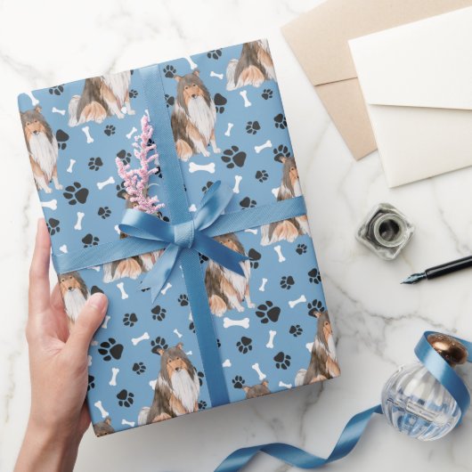 Collie Dog Paw Print Pattern op Blue Cadeaupapier (Geschenken)