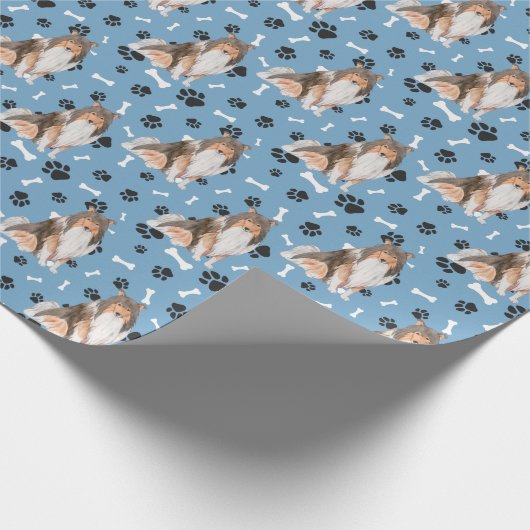 Collie Dog Paw Print Pattern op Blue Cadeaupapier (Hoek)