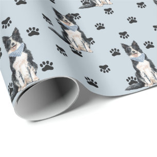 Collie Dog Paw-printerpatroon rand op zilver Cadeaupapier