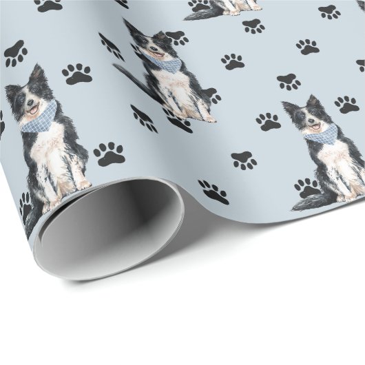 Collie Dog Paw-printerpatroon rand op zilver Cadeaupapier (Rol Hoek)