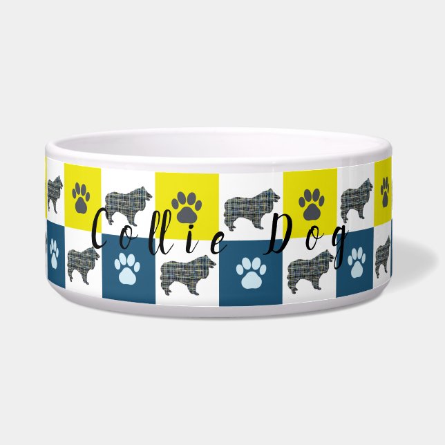 Collie Dog & Paw Yellow & Blue Grid Dog Bowl Voerbakje (Voorkant)