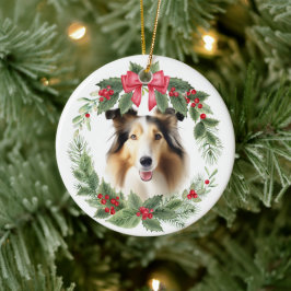 Collie Dog Red Bow Holly krans Keramisch Ornament