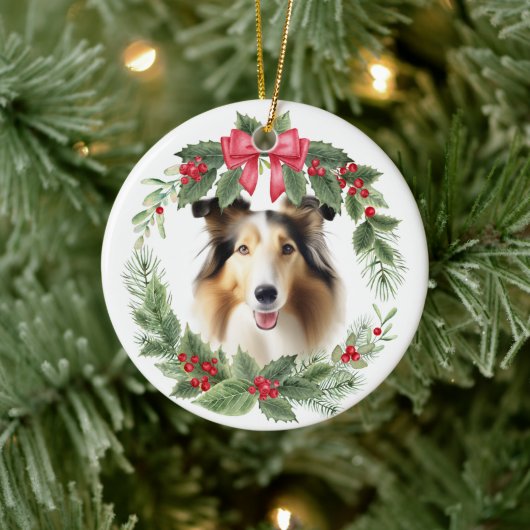Collie Dog Red Bow Holly krans Keramisch Ornament (Boom)