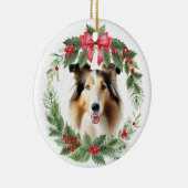 Collie Dog Red Bow Holly krans Keramisch Ornament (Rechts)