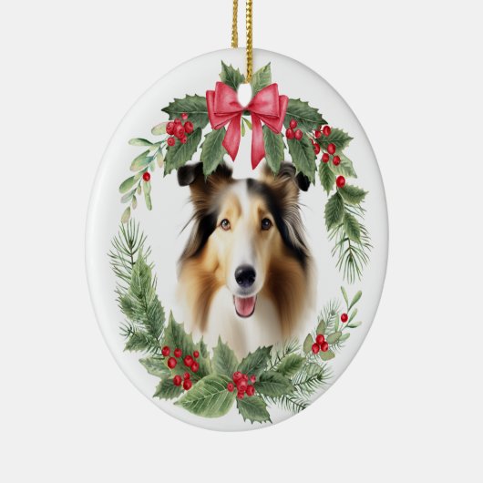 Collie Dog Red Bow Holly krans Keramisch Ornament (Rechts)