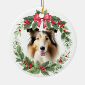 Collie Dog Red Bow Holly krans Keramisch Ornament (Voorkant)