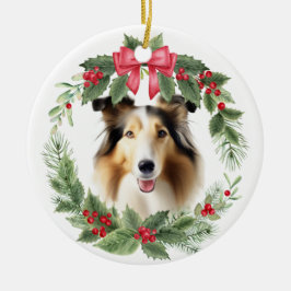 Collie Dog Red Bow Holly krans Keramisch Ornament