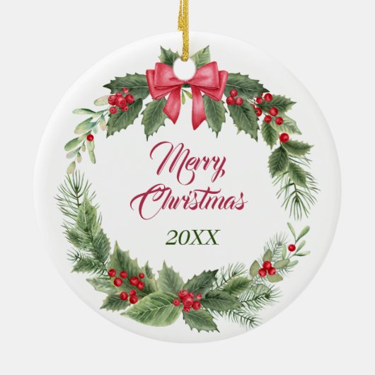 Collie Dog Red Bow Holly krans Keramisch Ornament (Achterkant)