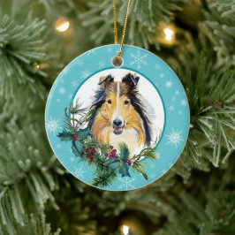 Collie Evergreen Blue Snowflake Border Keramisch Ornament