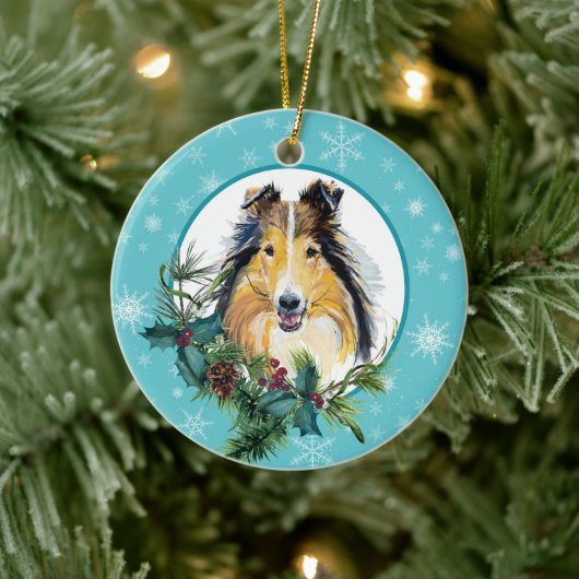 Collie Evergreen Blue Snowflake Border Keramisch Ornament (Boom)