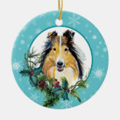 Collie Evergreen Blue Snowflake Border Keramisch Ornament (Voorkant)
