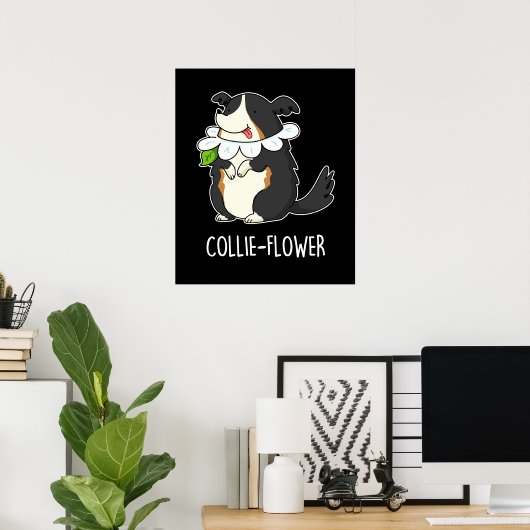 Collie-flower Funny Border Collie Dog Pun Dark BG Poster (Thuiskantoor)