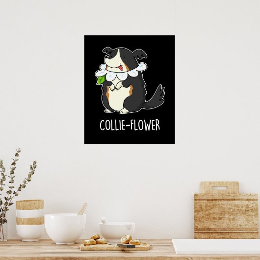 Collie-flower Funny Border Collie Dog Pun Dark BG Poster (Keuken)