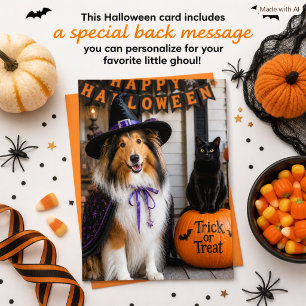 Collie Heks en Zwarte Kat Halloween voor Kinderen Feestdagenkaart