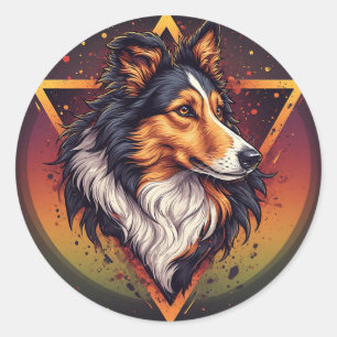 Collie-hond met levendige geometrische achtergrond ronde sticker