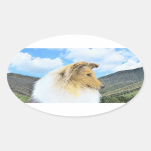 Collie in bergen (ruw) Schilderen - Dog Art Ovale Sticker