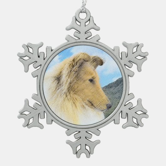 Collie in bergen (ruw) Schilderen - Dog Art Tin Sneeuwvlok Ornament (Voorkant)