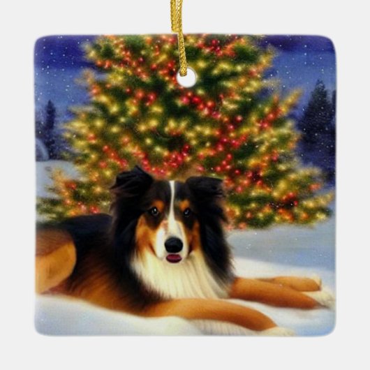 Collie onder kerstboom keramisch ornament (Voorkant)
