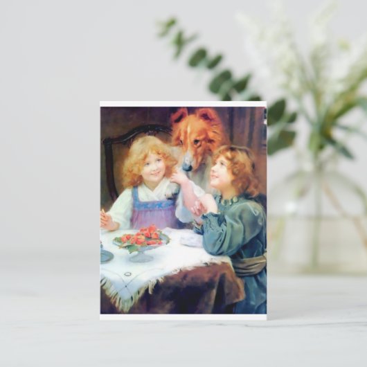Collie Pet Dog en twee meisjes. Briefkaart (Staand voorkant)