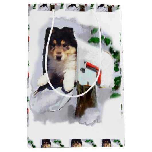 Collie Puppy Kerstmis Medium Cadeauzakje (Voorkant)