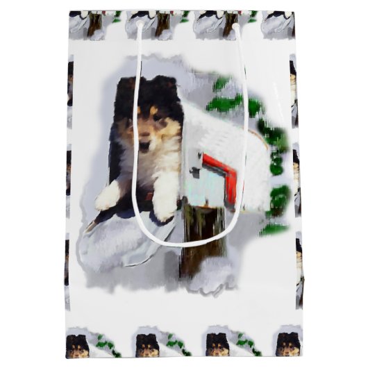 Collie Puppy Kerstmis Medium Cadeauzakje (Achterkant)